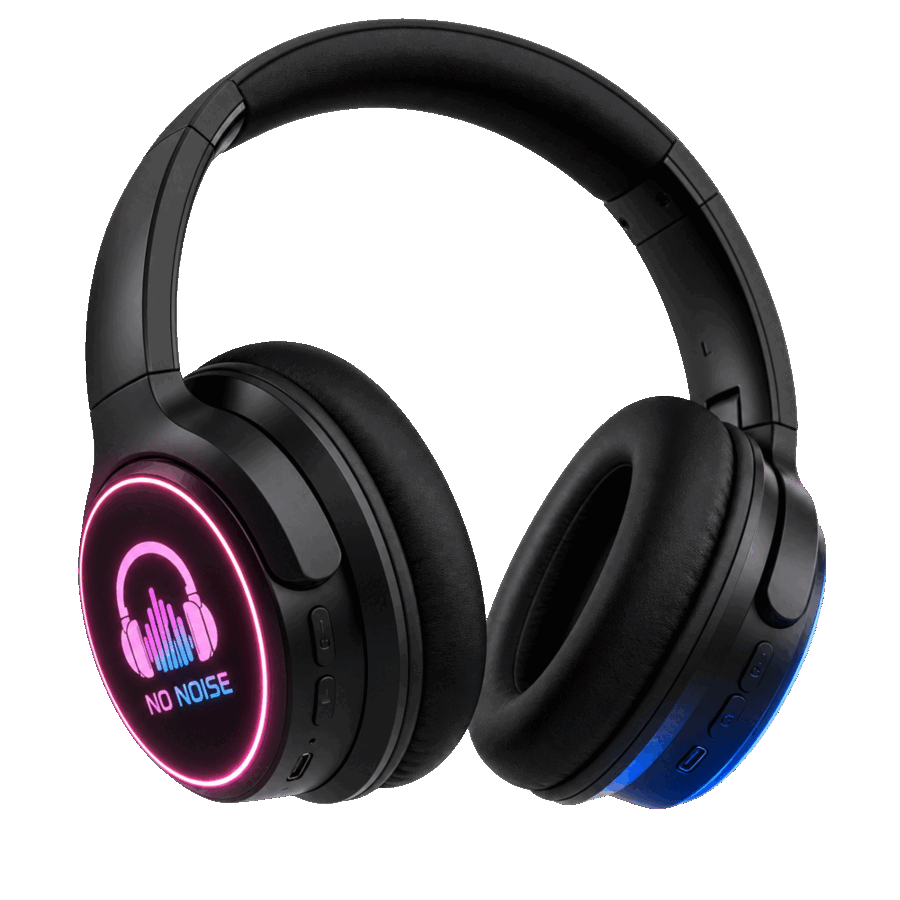 No Noise branded LED silent disco headphones with a glowing pink No Noise logo on the ear cup and blue LED trim