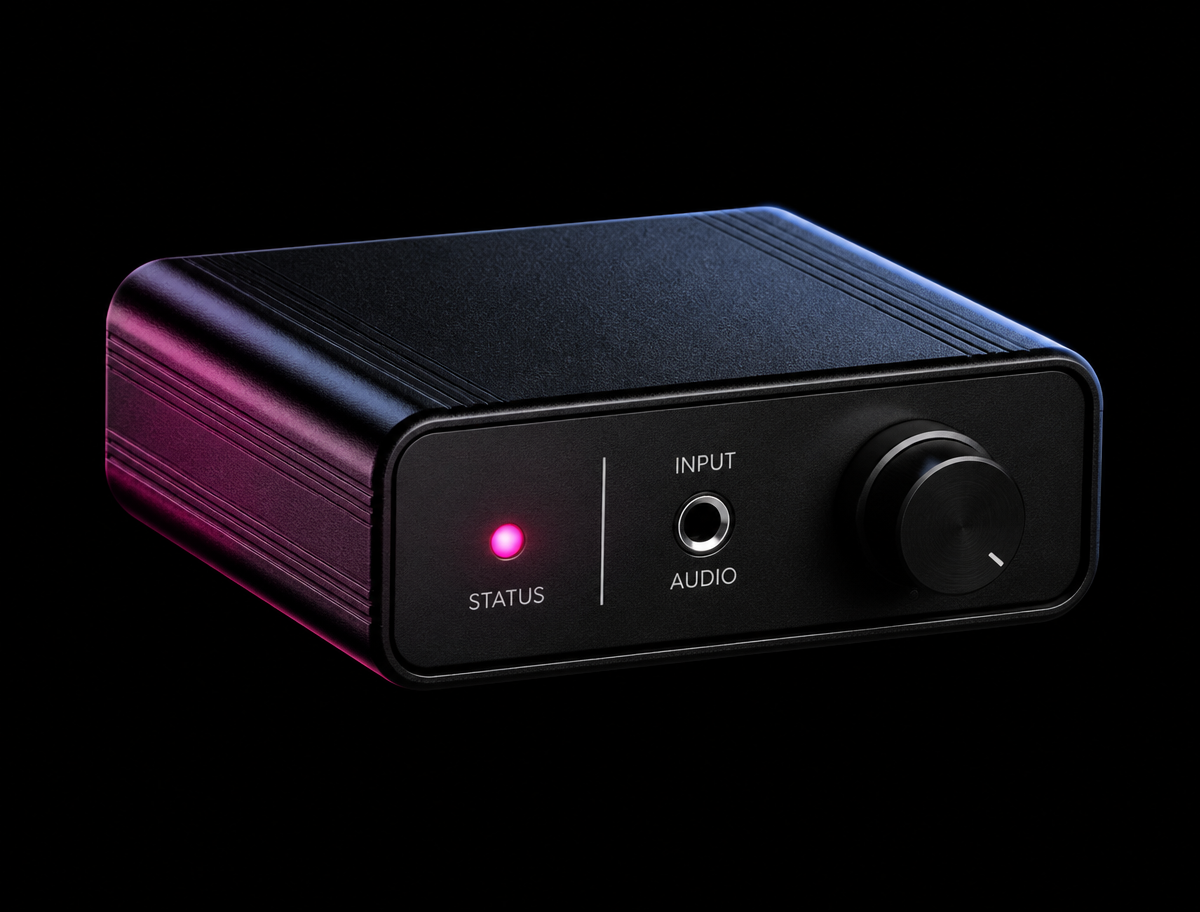 Compact plug-and-play silent disco transmitter box that broadcasts music wirelessly to the No Noise headphones