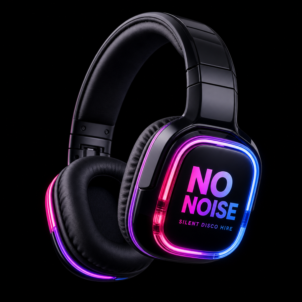 Premium wireless LED silent disco headphones with red, green and blue channel lights used by No Noise Devon