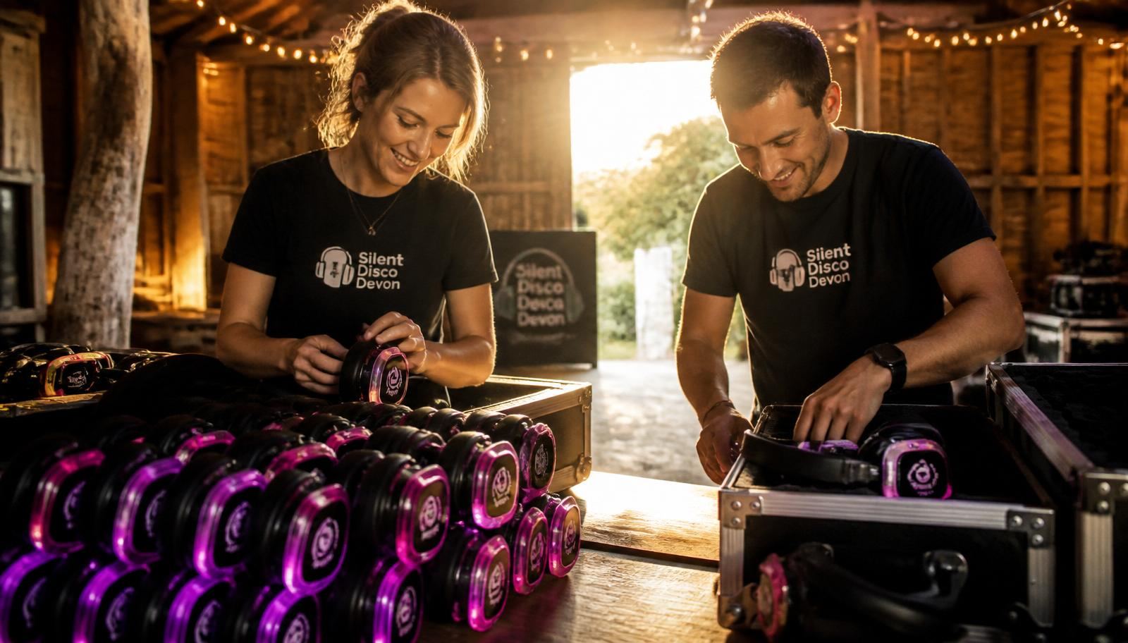 Behind the scenes with the No Noise team preparing headphones for a Devon silent disco event