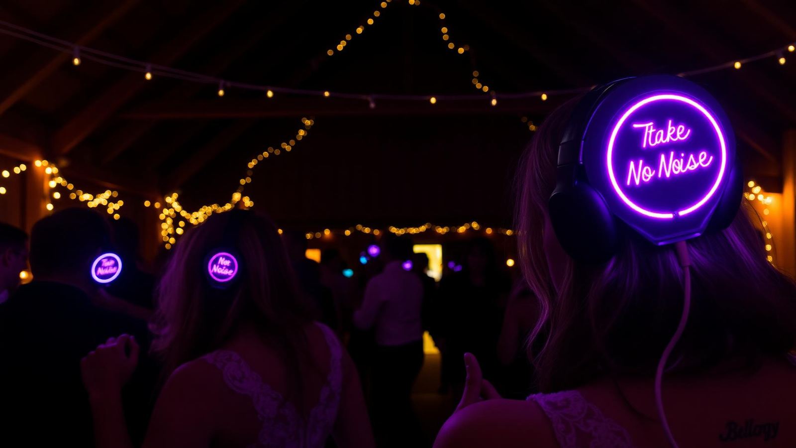Bride and groom's guests dancing in glowing NO NOISE headphones inside a converted Devon barn