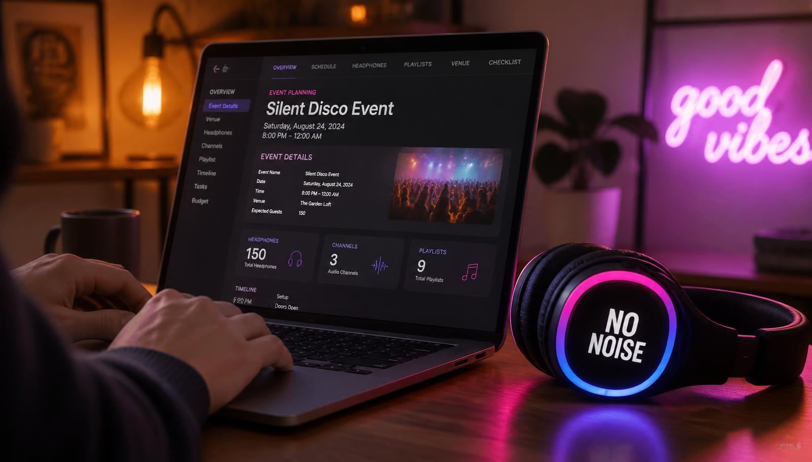 Planning a Devon silent disco — laptop, notes and LED headphones on a desk ready for a booking enquiry