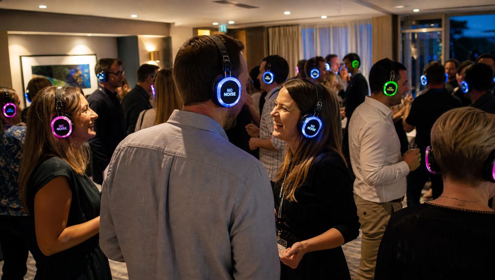 Corporate silent disco event in a Devon venue with NO NOISE branded LED headphones