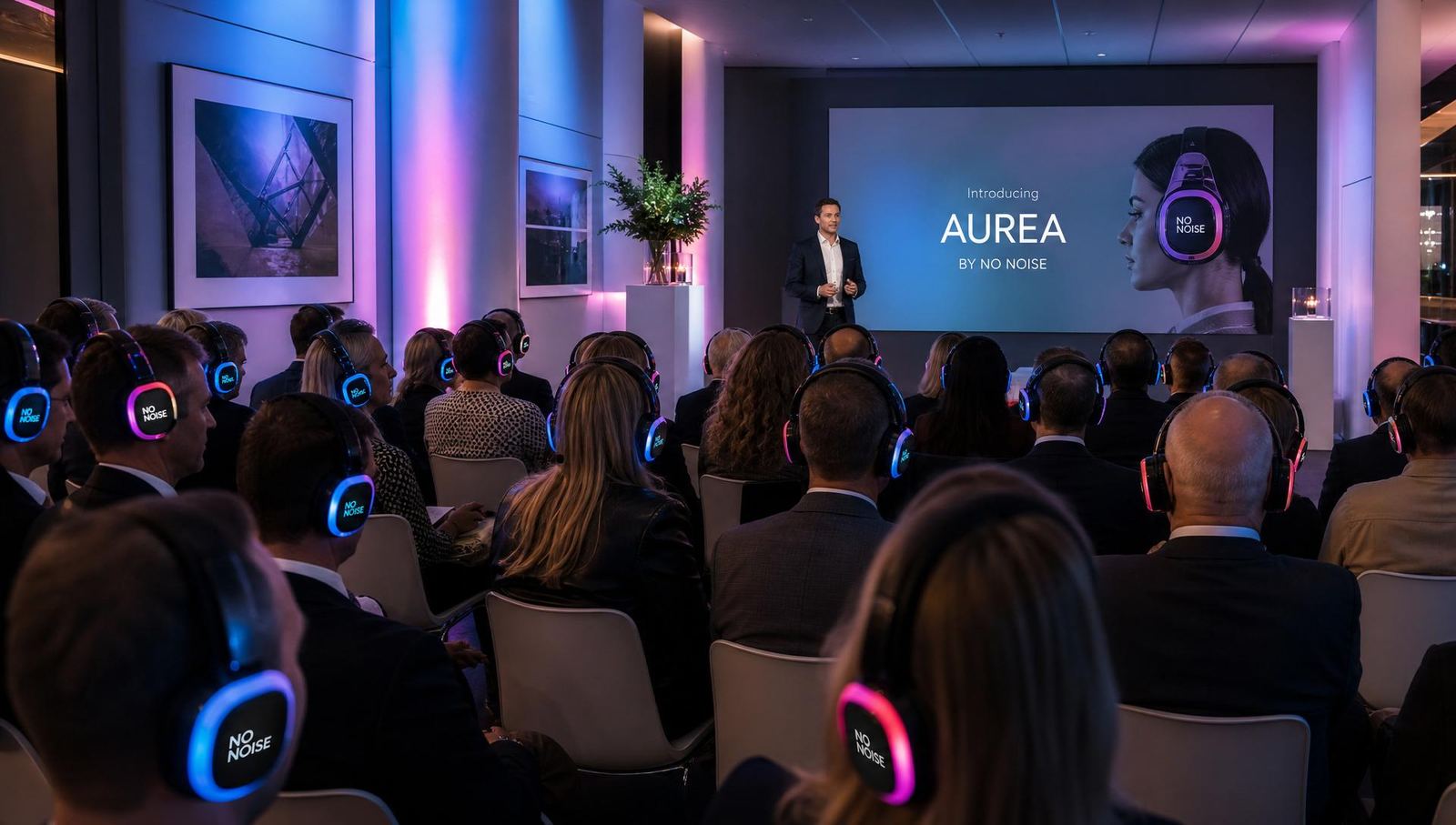 Guests networking and dancing at a product launch event wearing NO NOISE LED headphones in Devon