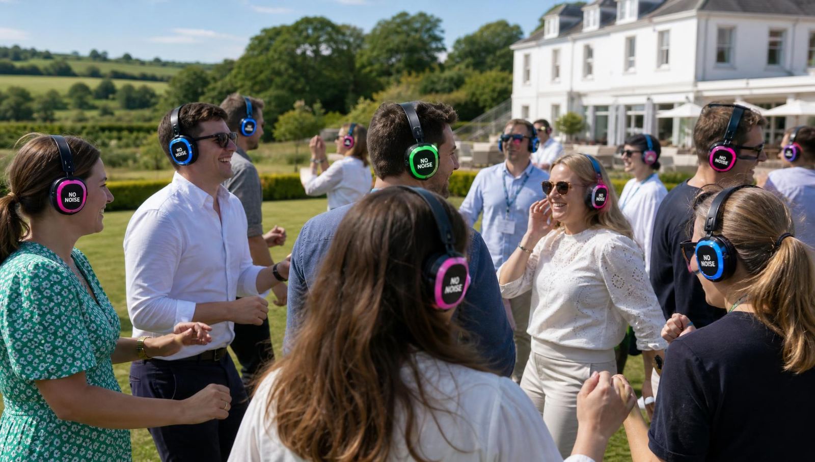 Colleagues at a Devon team-building event wearing glowing NO NOISE LED headphones