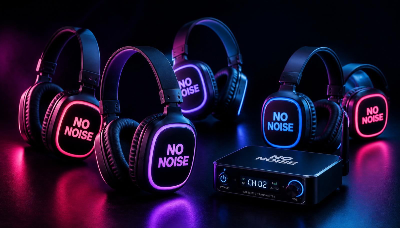 A stack of glowing pink and blue LED silent disco headphones with the No Noise branding — the kit used at every Devon hire