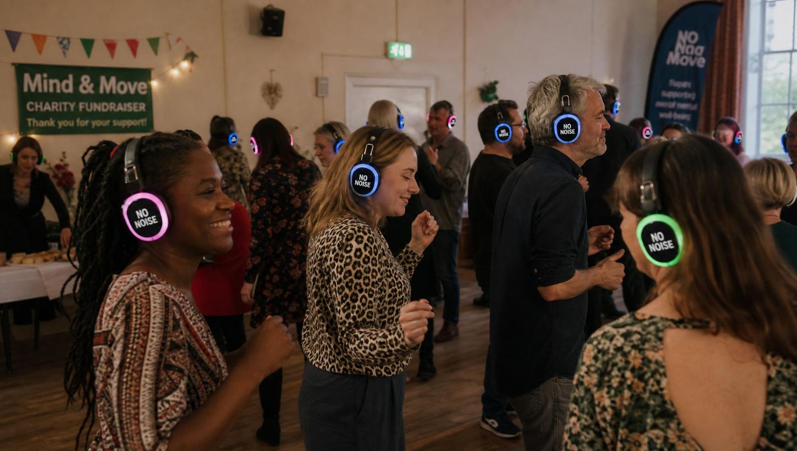 Charity fundraiser silent disco with NO NOISE branded LED headphones in a Devon community hall