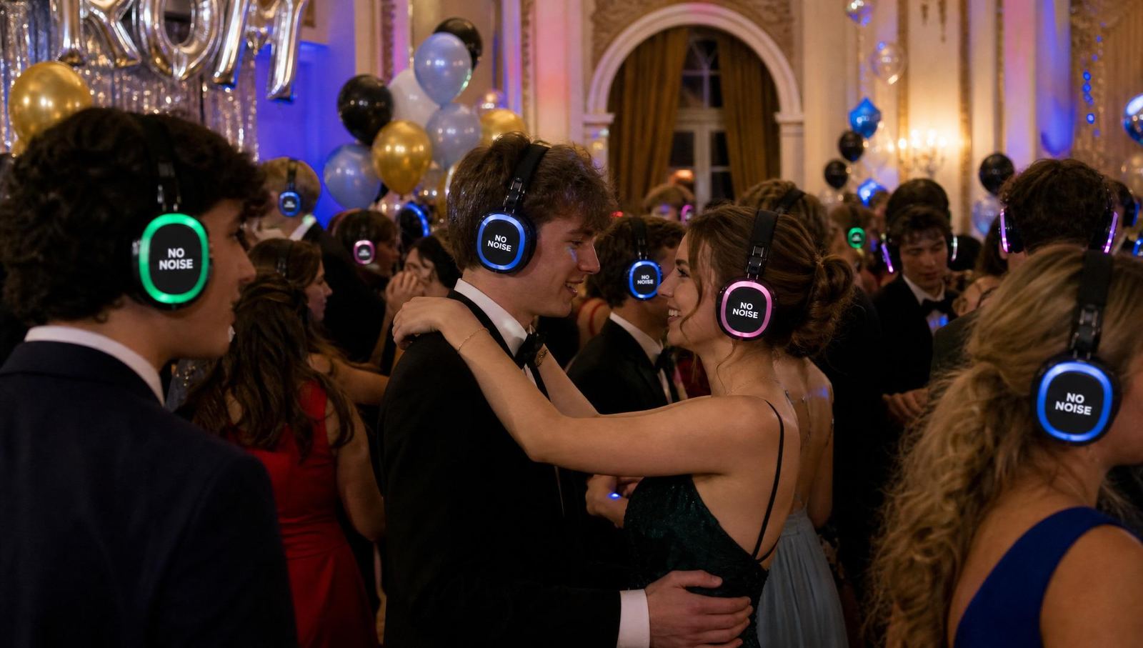 Devon school prom students dancing at a silent disco with NO NOISE branded LED headphones
