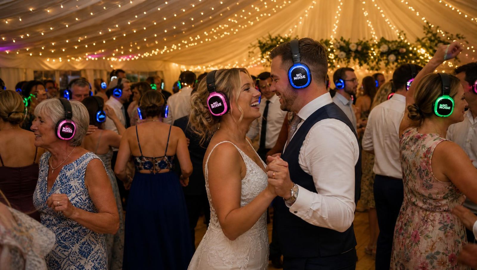 Devon summer wedding marquee reception with guests wearing NO NOISE branded LED silent disco headphones