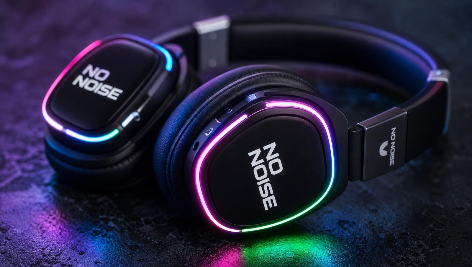 Close-up of NO NOISE branded LED silent disco headphones — frequently asked questions about Devon hire