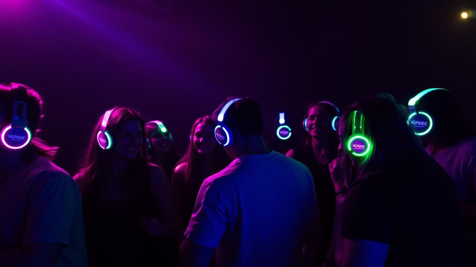 Guests dancing at a Devon event while wearing glowing NO NOISE LED silent disco headphones