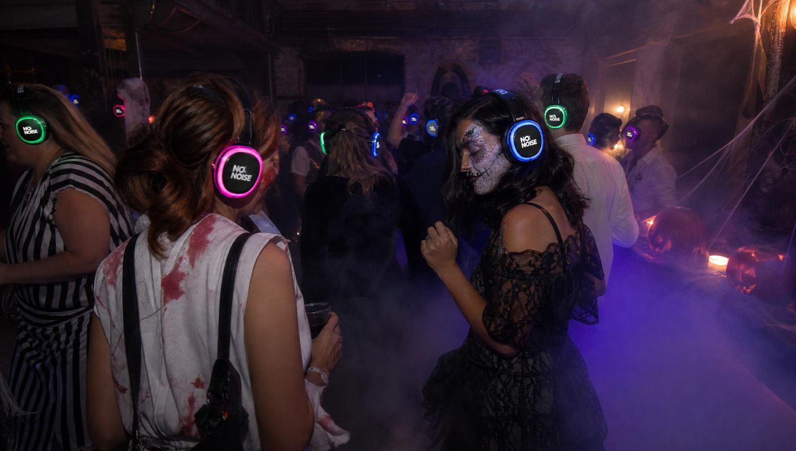Halloween silent disco silent disco hire in Devon with NO NOISE branded LED headphones