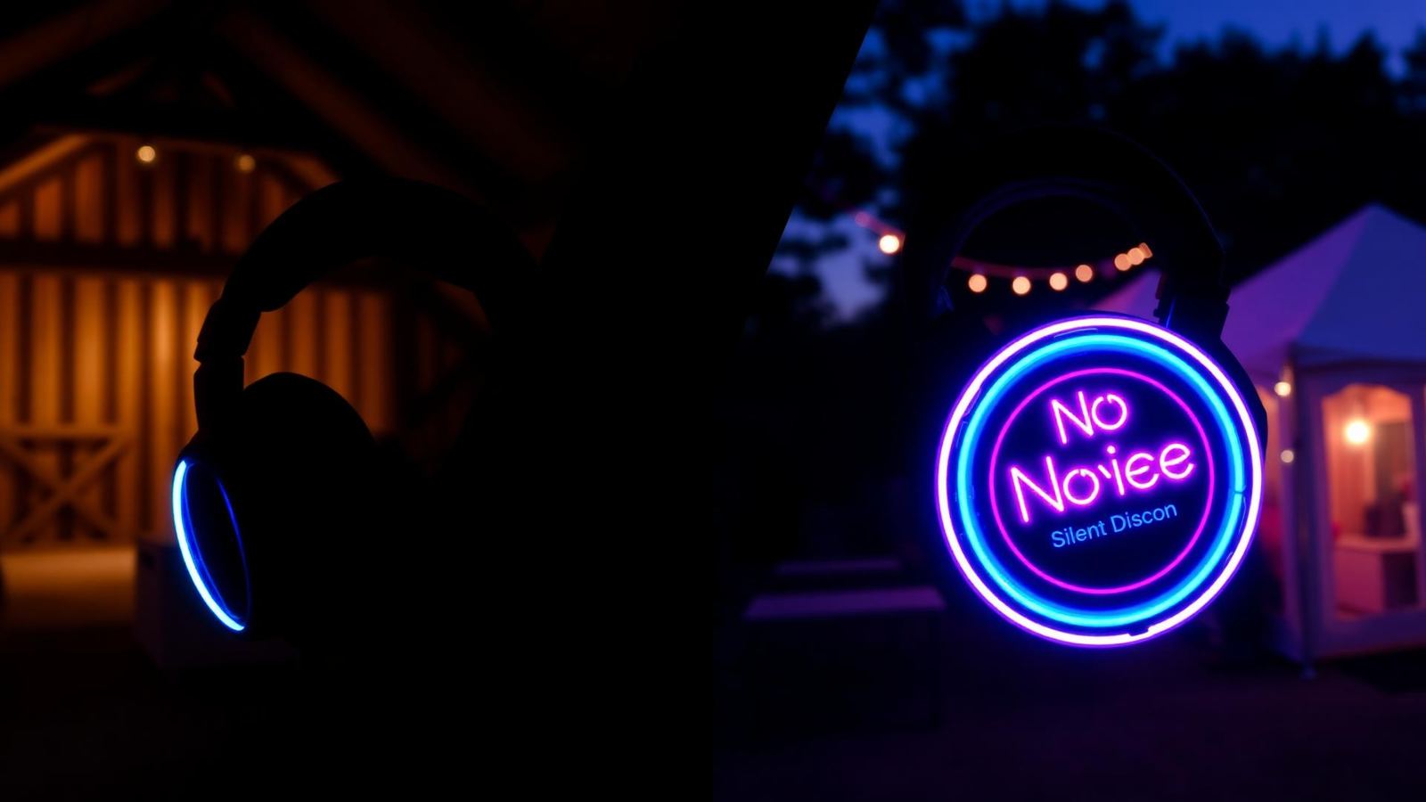 Split scene of an indoor Devon barn and an outdoor marquee, both hosting NO NOISE silent disco events