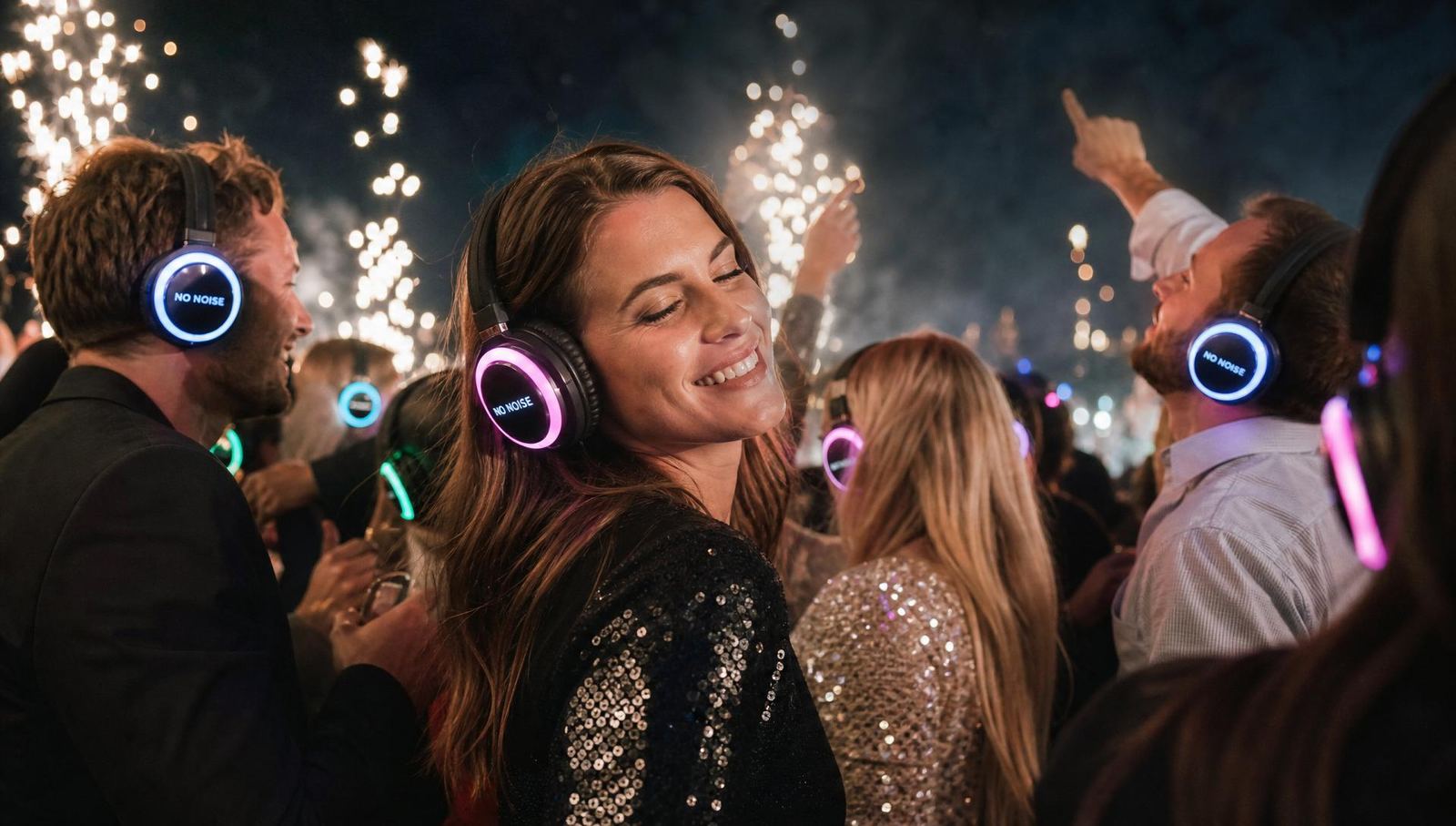 New Year's Eve silent disco hire in Devon with NO NOISE branded LED headphones