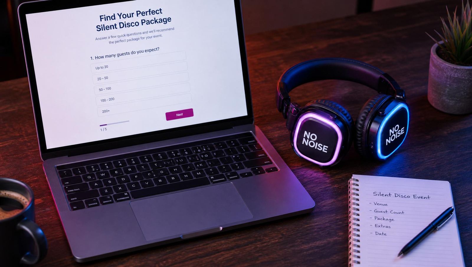 NO NOISE branded LED silent disco headphones next to a laptop showing the package finder quiz
