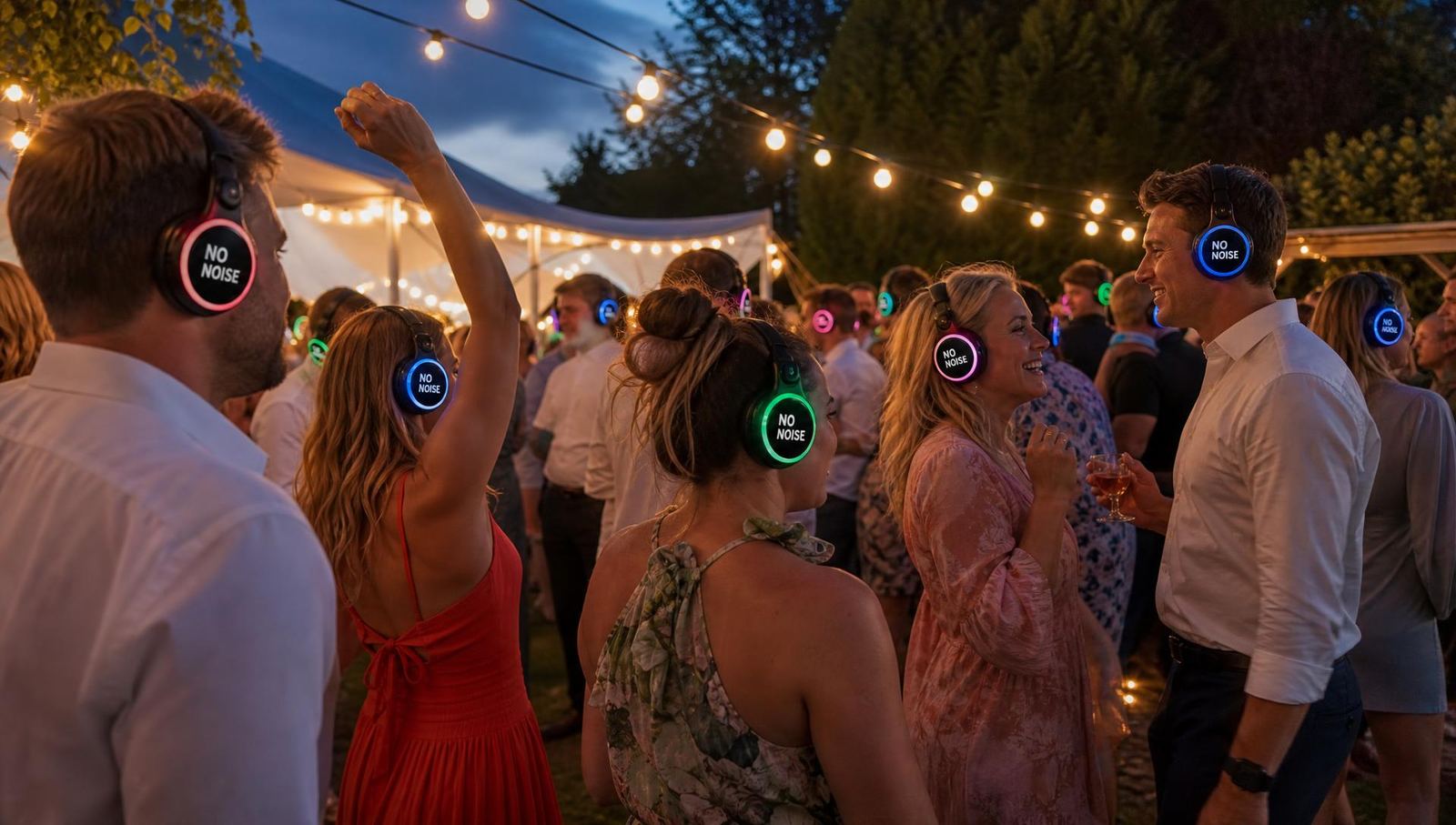 Summer garden parties & festivals silent disco hire in Devon with NO NOISE branded LED headphones