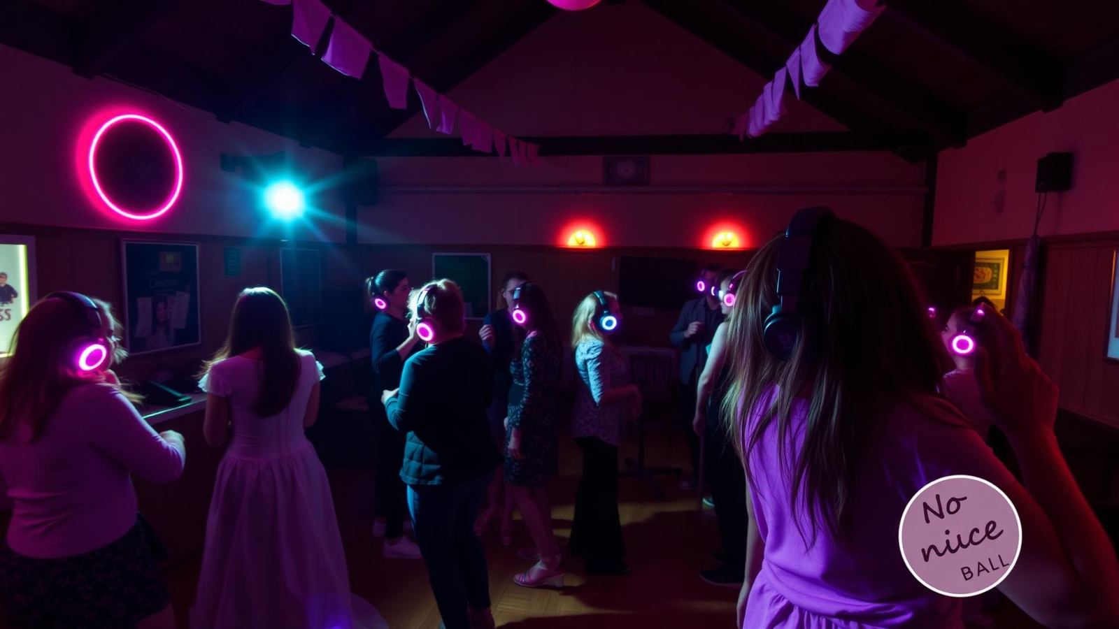 Community hall celebration in Devon with guests wearing colourful NO NOISE silent disco headphones